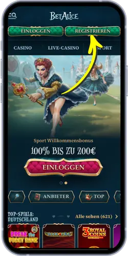 BetAlice Casino Startseite mit Registrierung und Bonus