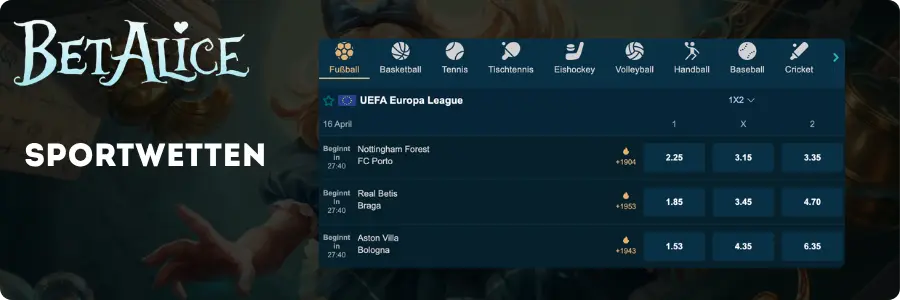 Sportwetten bei BetAlice Casino
