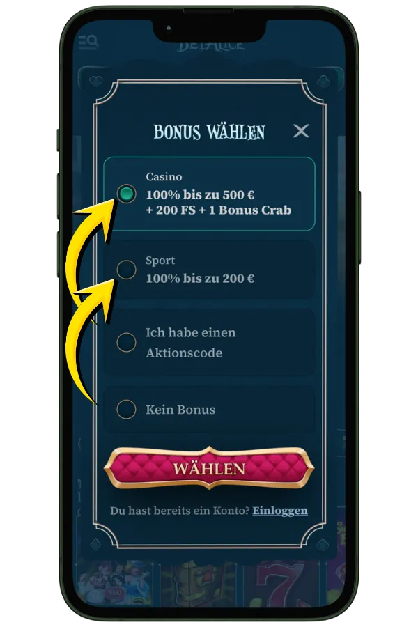BetAlice Bonus auswählen aus der Liste Wählen