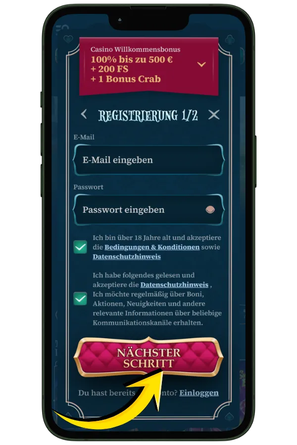 BetAlice Registrierung abschließen NÄCHSTER SCHRITT